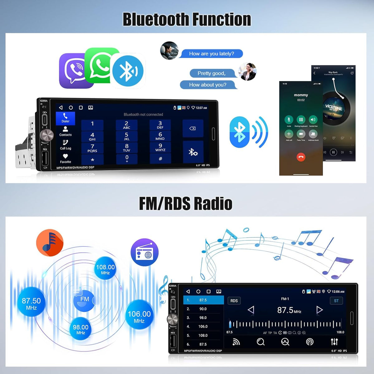 OiLiehu 2+32G Android 13 1-DIN Autoradio met Draadloze CarPlay & Android Auto, 6.9" IPS Radio met Scherm