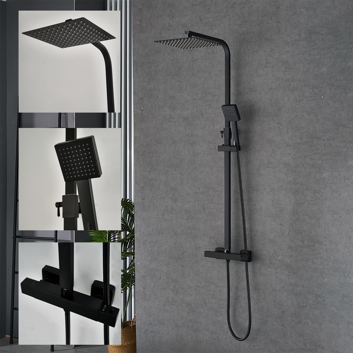 Douchesysteem met thermostaat Zwart, regendouche, Vierkante douchekop 25x25cm, doucheset, douche incl. ABS handdouche, roestvrij stalen douchestang