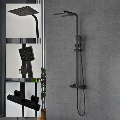 Douchesysteem met thermostaat Zwart, regendouche, Vierkante douchekop 25x25cm, doucheset, douche incl. ABS handdouche, roestvrij stalen douchestang