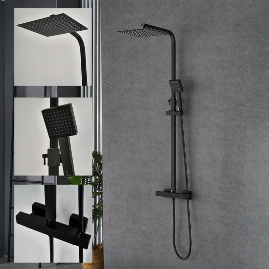 Douchesysteem met thermostaat Zwart, regendouche, Vierkante douchekop 25x25cm, doucheset, douche incl. ABS handdouche, roestvrij stalen douchestang
