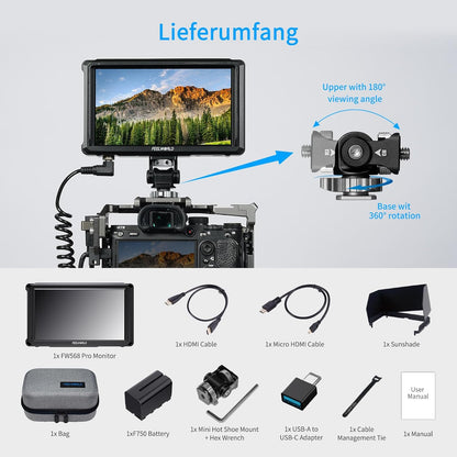 FEELWORLD FW568 PRO 6 Inch 1200Nit DSLR Camera Monitor met F750 Batterij 4400mAh en Tas,4K 60Hz HDMI2.0,3D LUTs,HDR Golfvorm,Peak Focus Video Assist,9:16 Marker,8.4V DC Ingang/Uitgang