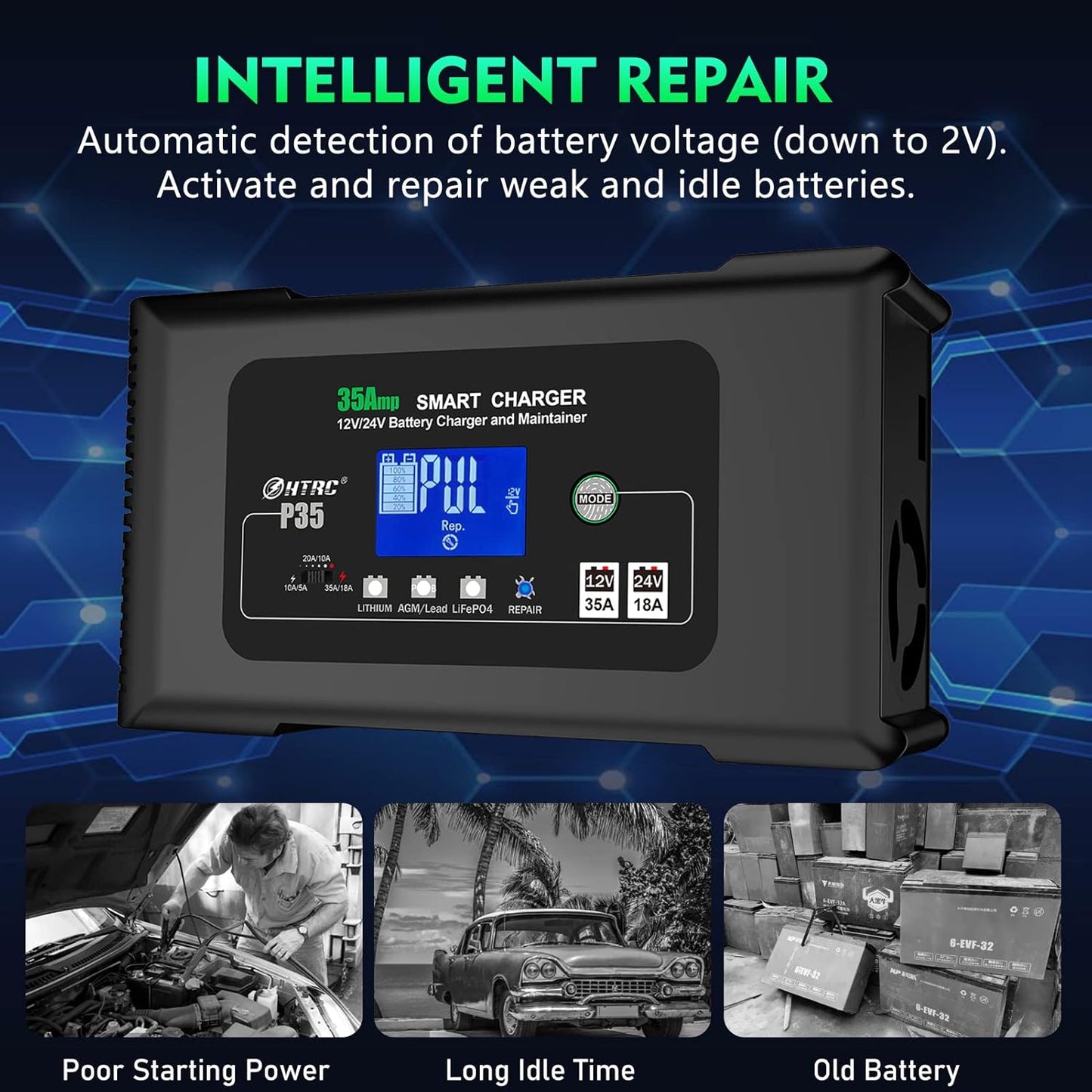 Autolader 12 V/24 V – Acculader – Onderhoudslader – Snellader – Desulfator – Intelligente 7-traps Laadprogramma – Reparatiemodus Met Temperatuurcompensatie