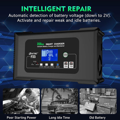 Autolader 12 V/24 V – Acculader – Onderhoudslader – Snellader – Desulfator – Intelligente 7-traps Laadprogramma – Reparatiemodus Met Temperatuurcompensatie