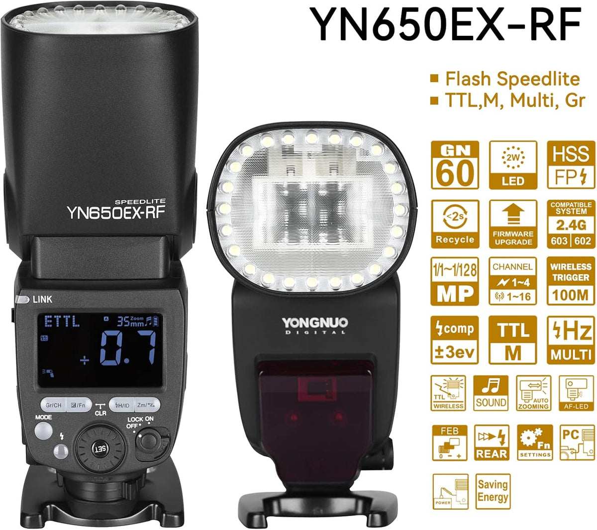Yongnuo YN650EX-RF Draadloze Flash Speedlite, GN60 24 stks LED lamp Kralen TTL HSS, Master Slave Flash met ingebouwd 2.4G RF-systeem, voor Canon DSLR Camera