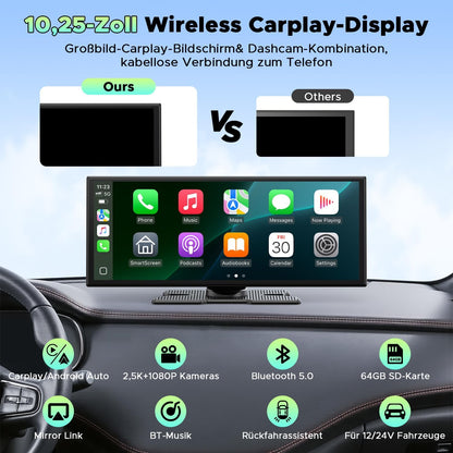 Draadloos CarPlay Display – Android Auto Scherm – Autoradio Touchscreen – Auto Multimediasysteem – In-Car Entertainment – 10,25 Inch In-Cell Touchscreen – Voor- en Achter Dashcam 2.5K + 1080p