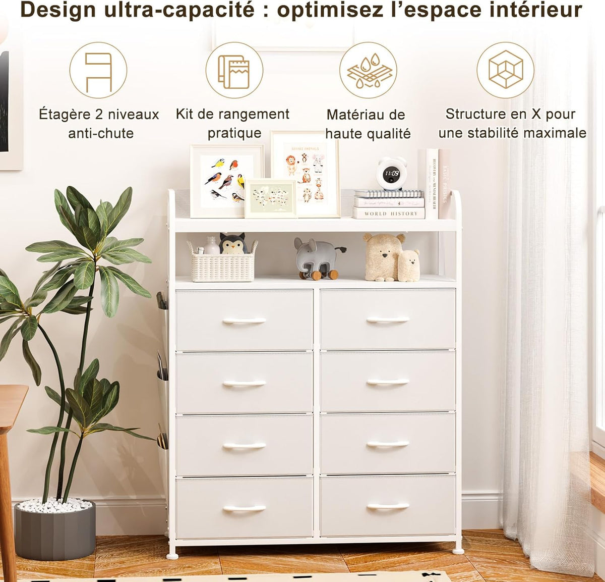 Commode met Laden, Commode Kast met 8 Stoffen Lades, Dressoirs Voor Slaapkamer met 2-Laags Houten Blad, Metalen Frame, Woonkamer, Wit