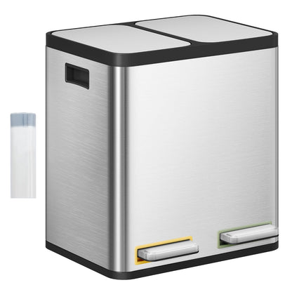 Hzuaneri Trash Bin, Kitchen Pedal Bin (2 x 15 L), Stainless Steel Waste Sorting System with Coloured Pedal, Removable Inner, Suitable for Kitchens, Silent Slow Closure of Lid, Silver
