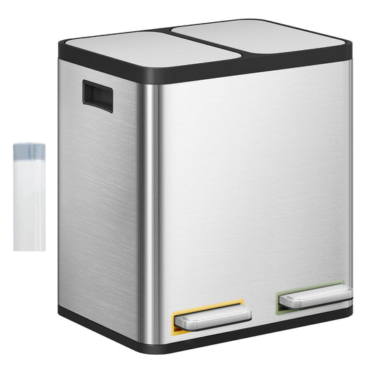 Hzuaneri Trash Bin, Kitchen Pedal Bin (2 x 15 L), Stainless Steel Waste Sorting System with Coloured Pedal, Removable Inner, Suitable for Kitchens, Silent Slow Closure of Lid, Silver
