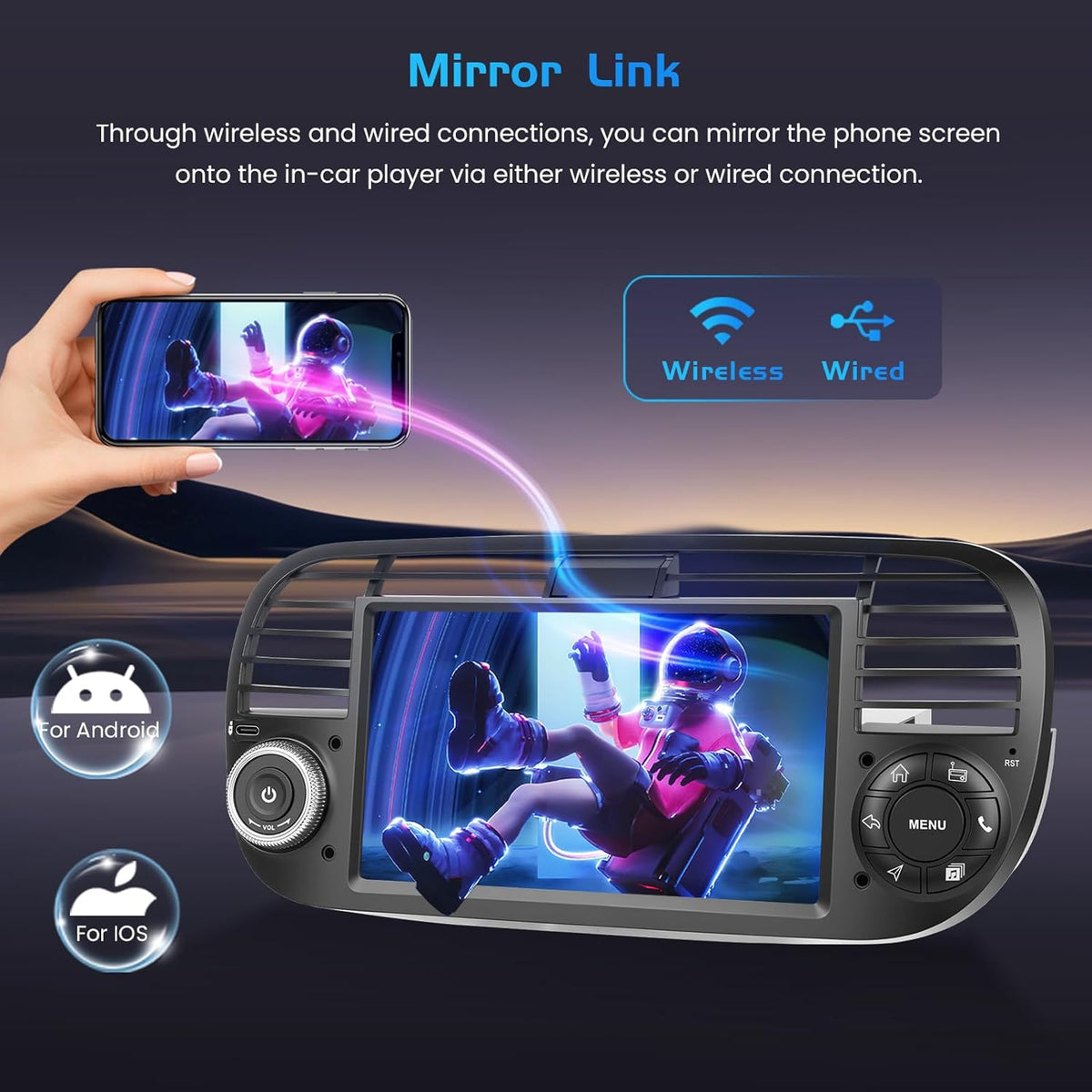 4+128G autoradio voor Fiat 500 2007-2015, Android 15 met 7-inch In-Cell scherm, ondersteunt draadloze CarPlay en Android Auto, Mirror Link, FM/RDS-radio, GPS, wifi, Bluetooth en SWC.