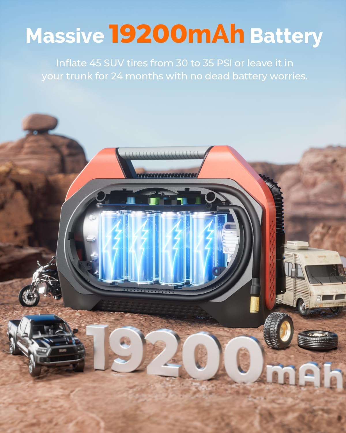 Luchtcompressor – Bandenpomp – Luchtpomp – Fietspomp – Draagbare Compressor – Draadloos Met 19200mAh Accu – 100% Duty Cycle Met Dubbel Cilindersysteem - QUORE