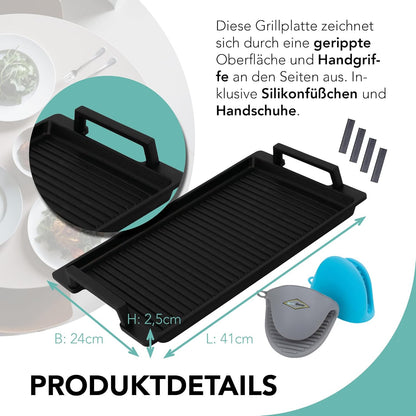Gegoten aluminium grillplaat met zijgrepen - geribbeld - 41 x 24 x 2,5 cm - voor inductie en alle gangbare kookplaten - keramisch oppervlak - anti-aanbaklaag - Made in Germany - PFOA-vrij