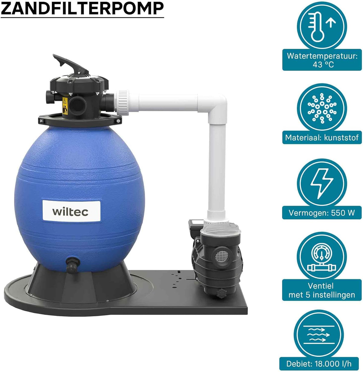 Wiltec zandfiltersysteem 550 W met 38 liter filtertank en zelfaanzuiging 18.000 l/h poolpomp