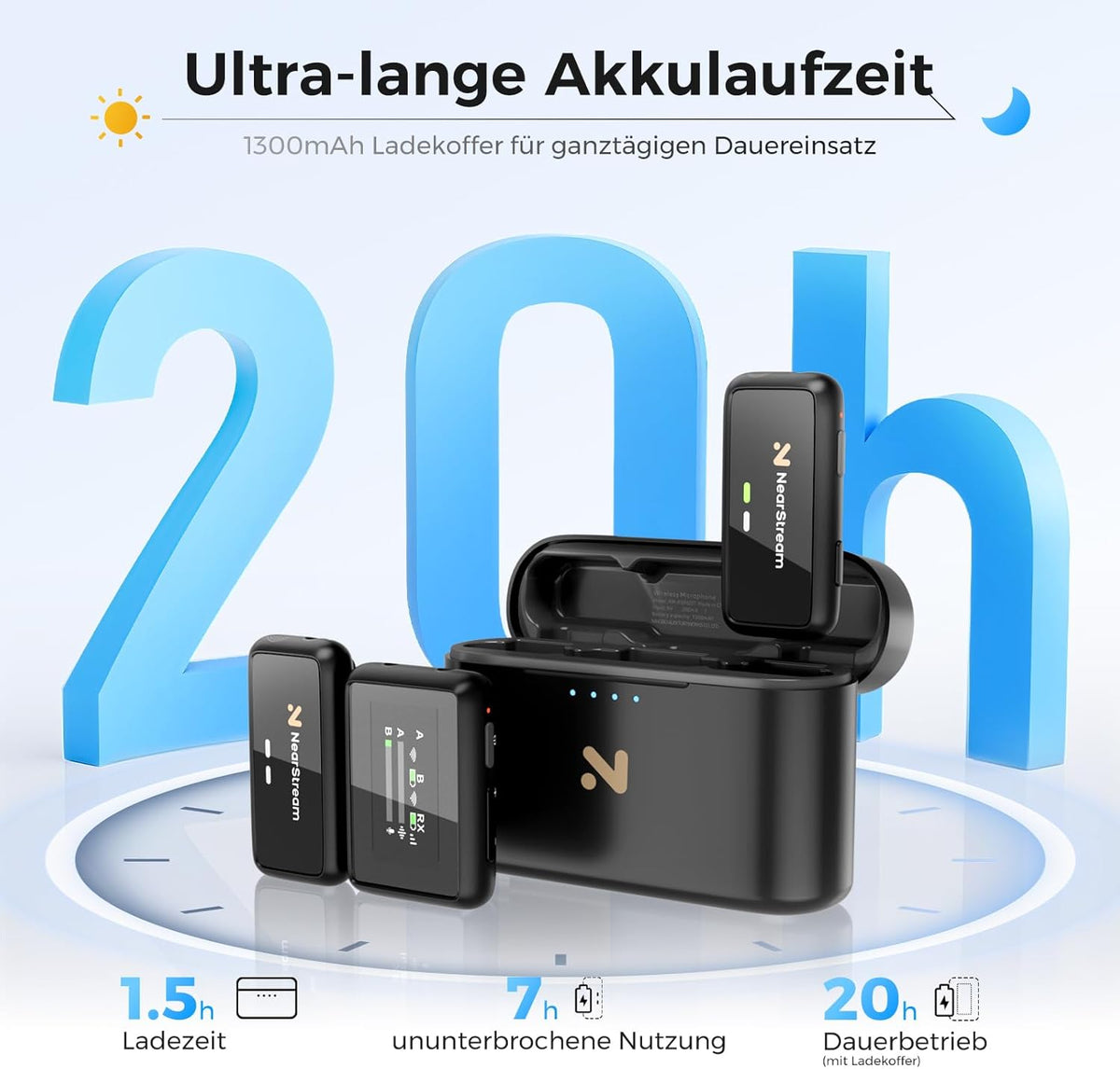 NearStream Draadloze lavalier-microfoon voor Android, iOS, camera, pc, draadloze microfoon voor video-opname, streaming, vlog, interview, 656 ft transmissie, lcd-display, 20 uur batterijduur (AWM20T)