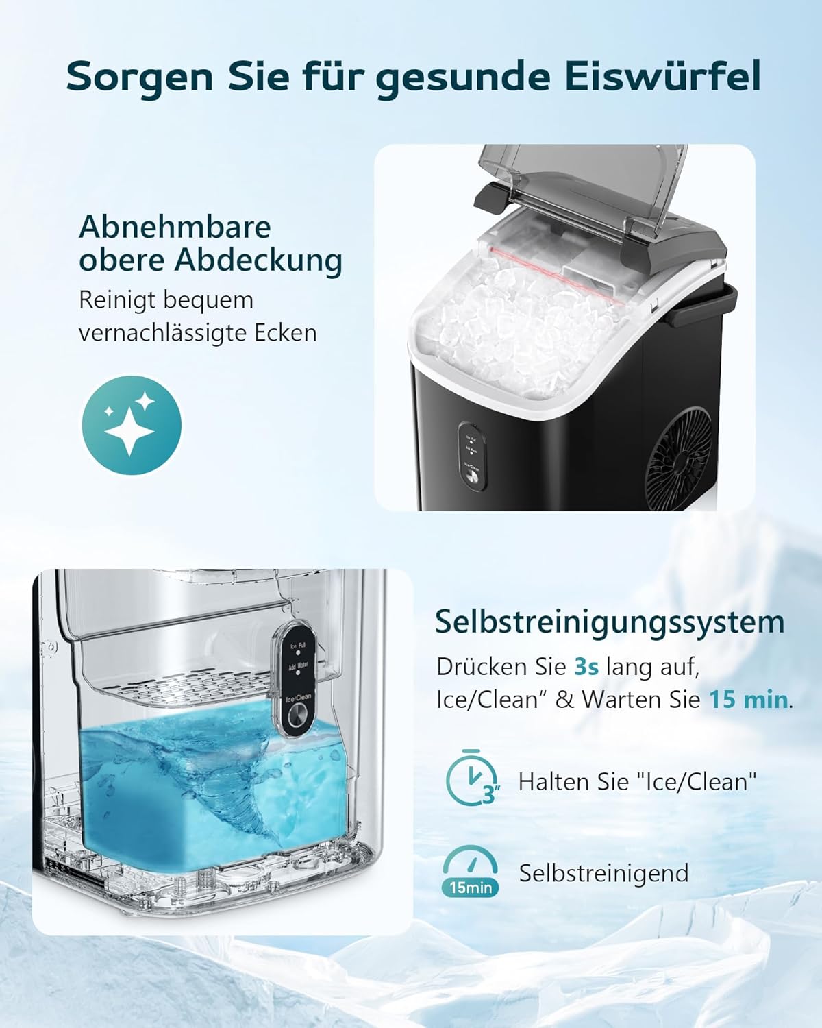 EUHOMY IJsblokjesmachine, 15 kg/24 uur, productie in 6 minuten, crushed ice maker, nuggets Ice, automatische reiniging, 120 W tafel-ijsblokjesmachine, infraroodsensor, energiezuinig, zwart