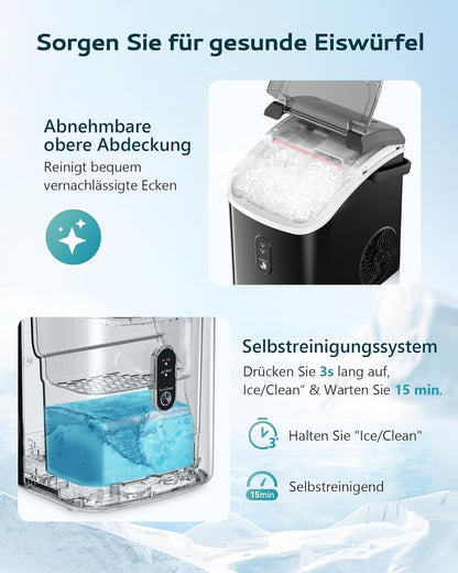 EUHOMY IJsblokjesmachine, 15 kg/24 uur, productie in 6 minuten, crushed ice maker, nuggets Ice, automatische reiniging, 120 W tafel-ijsblokjesmachine, infraroodsensor, energiezuinig, zwart