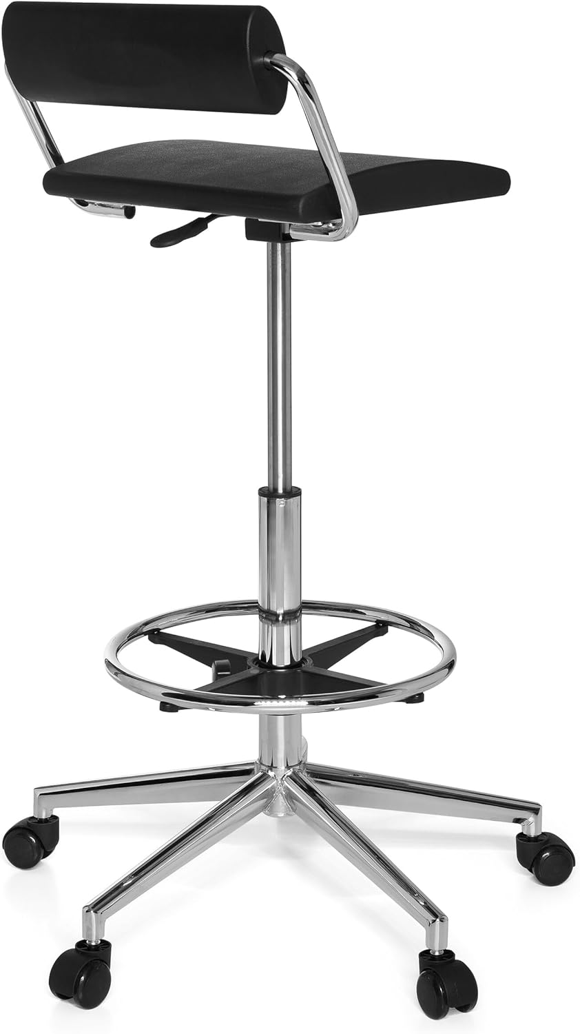 hjh OFFICE 665170 Counter Chair TOP Work 28 Schuim Zwart hoge Rise Task Stoel met rugleuning Massief Verchroomd Staal Base Ring voetsteun