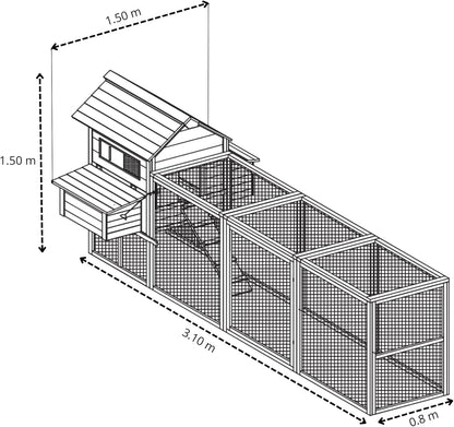 Wooden Chicken Coop with Run – Outdoor Animal House – 310x150x150cm - QUORE