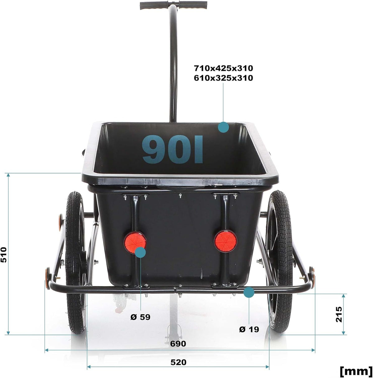 Wiltec fietskar tot 80 kg met koppeling en luchtbanden, zwarte fietsaanhanger 90 liter voor transport, fietsaanhangwagen met uitneembare bak