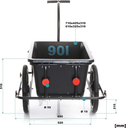 Wiltec fietskar tot 80 kg met koppeling en luchtbanden, zwarte fietsaanhanger 90 liter voor transport, fietsaanhangwagen met uitneembare bak