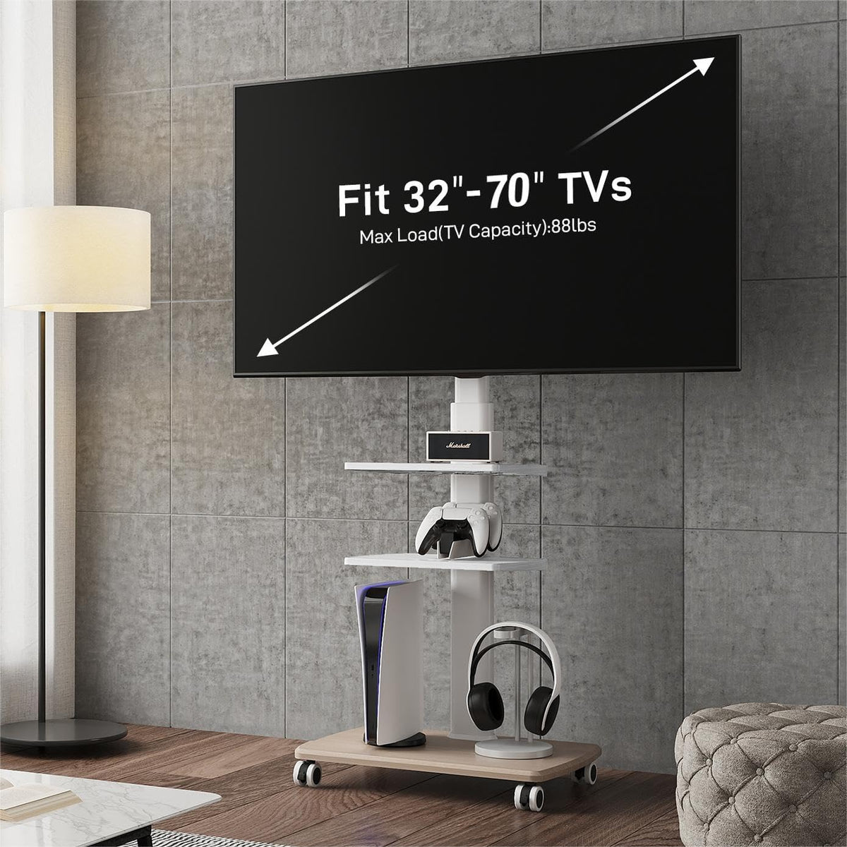 FITUEYES TV-standaard wielen voor 32-70 inch TV, 60° draaibaar & 6 hoogte verstelbaar TV stand wheels vloer universeel voor vlakke & gebogen LCD LED TV enz, Max VESA 600x400mm (wit)