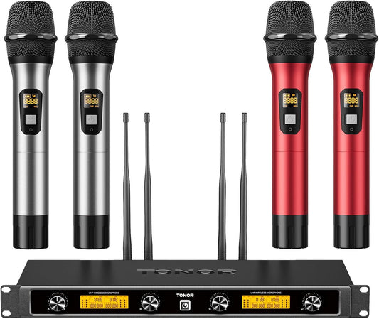Draadloos Microfoonsysteem Rood – Draadloze Microfoonset – Karaoke Microfoonset – 4 Handmicrofoons – UHF Microfoonsysteem – 4 Antennes – Tot 90 Meter Bereik