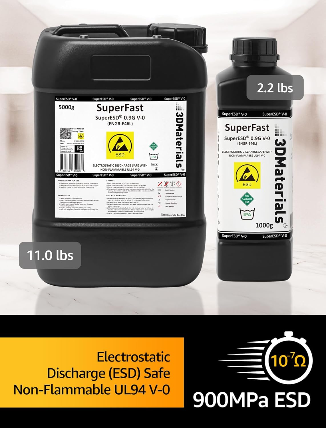<font dir="auto" style="vertical-align: inherit;"><font dir="auto" style="vertical-align: inherit;">        SuperESD 0.9GPa UL94 V-0 Resin for 3D Printers, Electrostatic Discharge Safe and Flame Retardant Parts, Made in Korea (1000g, Black)       </font><