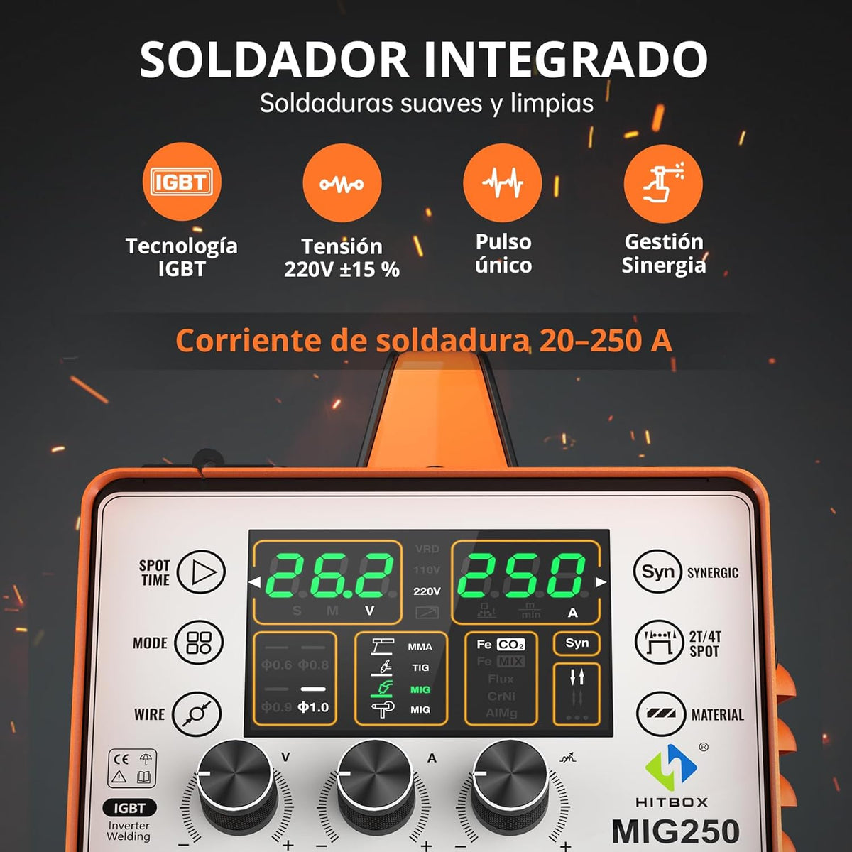 HITBOX 6-in-1 MIG Lasmachine Gas/Gasloos 250A 230V Digitale MIG Inverter met LED Display, Geschikt voor Flux & Massieve Draad, MIG/ARC/Lift TIG, Aluminium Lassen (MIG250)