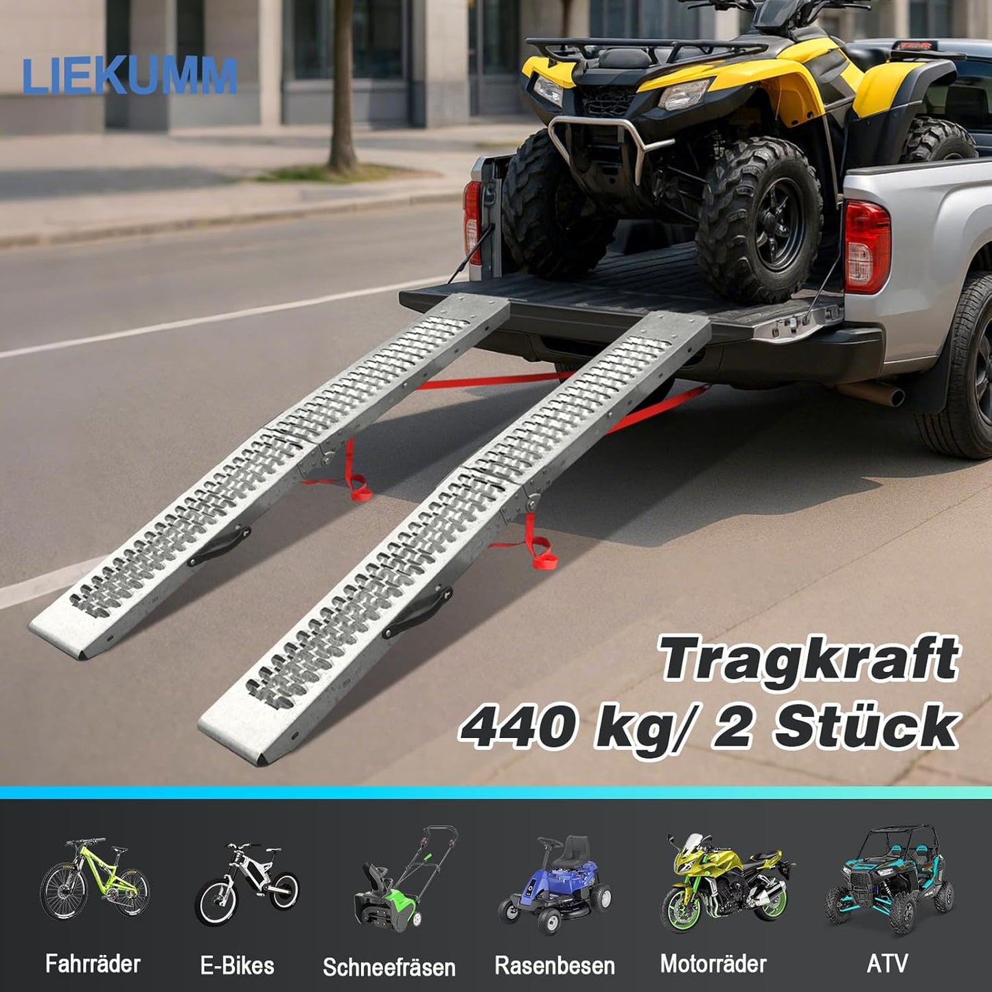 LIEKUMM Laadhelling, 210 cm motorhelling, capaciteit 440 kg, opvouwbare oprijplaat voor motorfiets, scooter, aanhanger, bestelwagen, 2 stuks