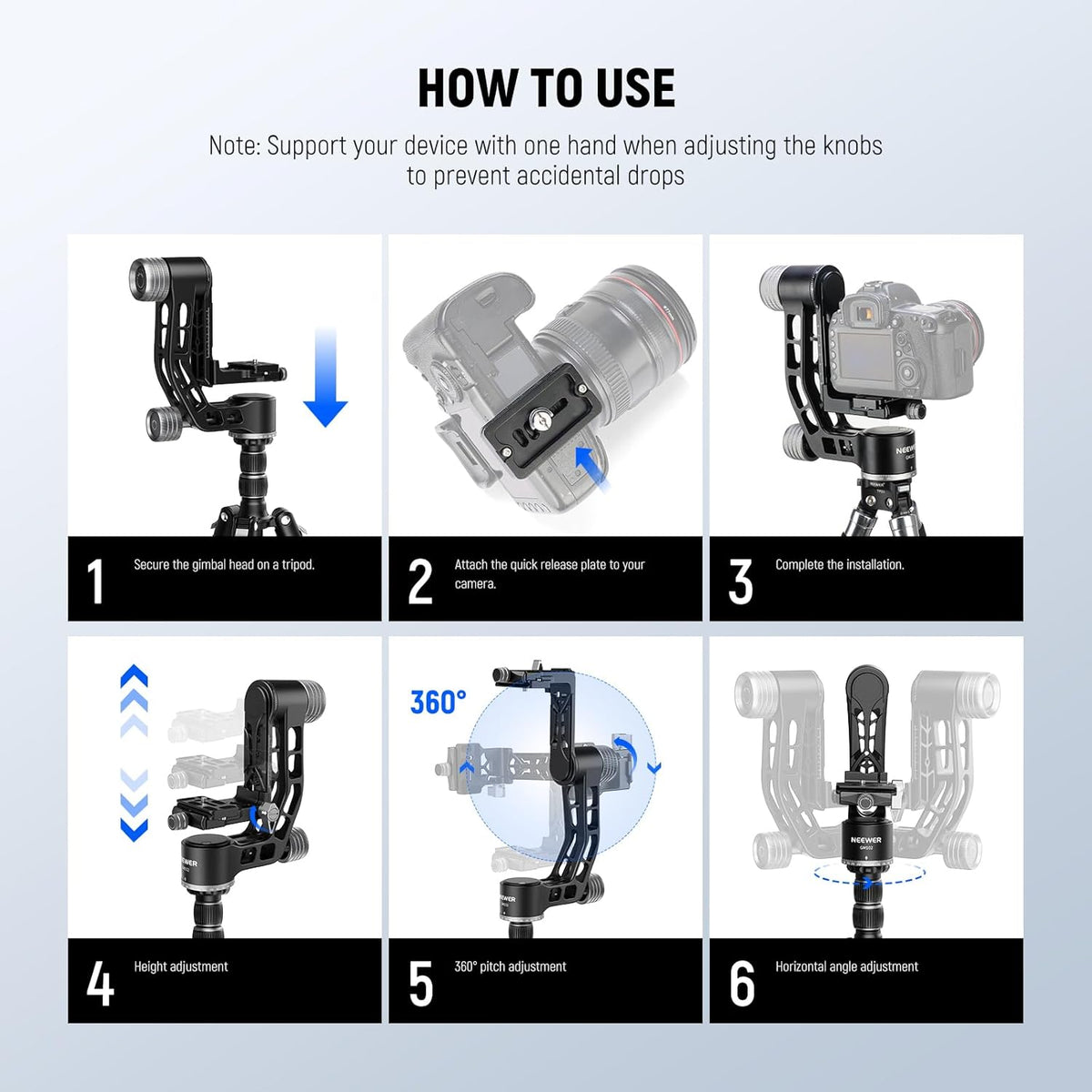 NEEWER GM102 Gimbalkop voor statief, monopod, telelens, 360° panorama-camera-statiefkop, 3-assige instelling, hoogwaardige CNC-aluminiumlegering, Arca-type snelspansysteem, maximaal 15 kg