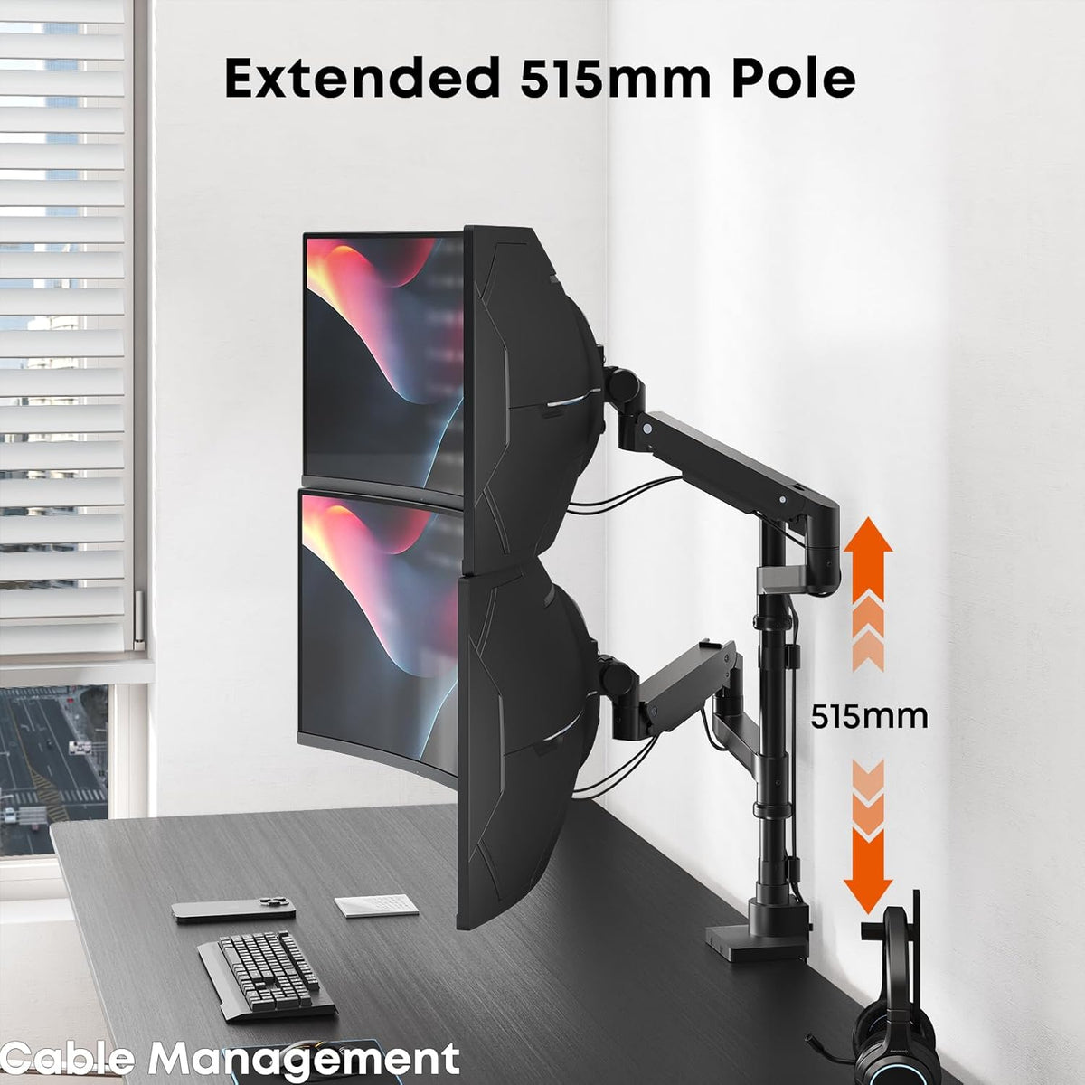 PUTORSEN 17-57 inch monitorhouder, 2 monitoren, gasveer, dubbele monitoren, tafelhouder, in hoogte verstelbaar, draaibaar, gewicht 2-20 kg per arm, VESA 75/100 mm