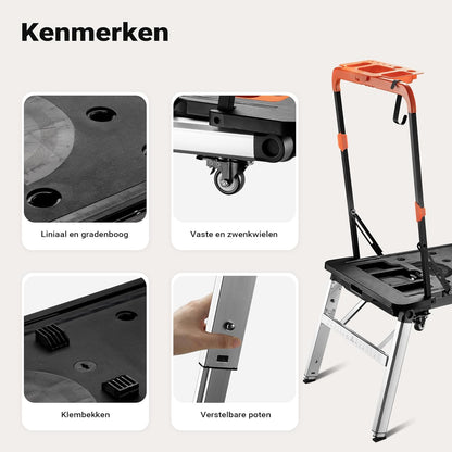 Wiltec werktafel 7-in-1 multifunctionele werkbank als zaagbok werkplatform rolplank transportwagen handkar ligkar trolley steiger van aluminium staal plastic met remmen en haak