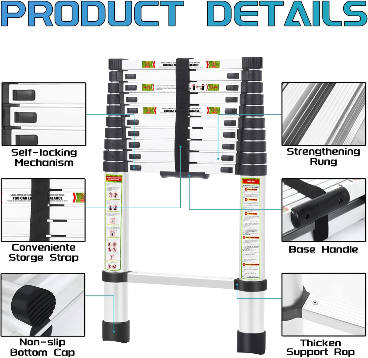 Rikade Telescopische ladder en zolderladder, 3,2 m, robuust aluminium met antislipvoeten, 150 kg capaciteit voor camper, zolder, dak en multi-oppervlak gebruik