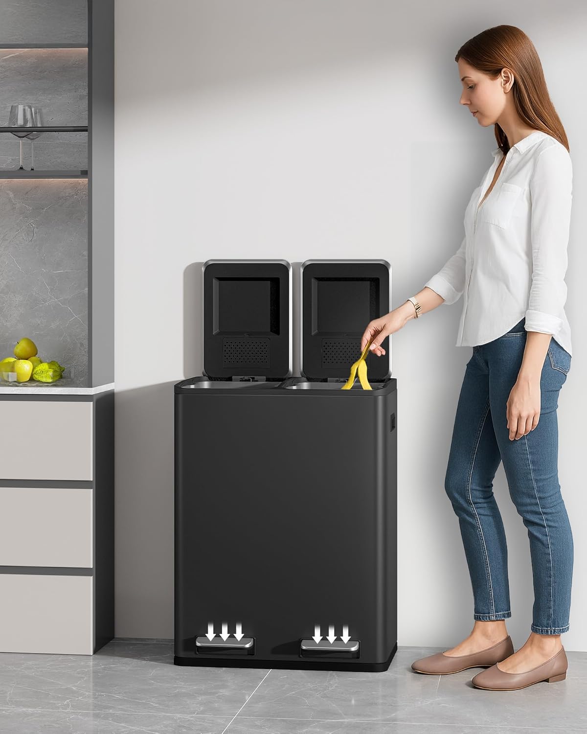 Hzuaneri Kitchen Trash Bin, Waste Separation System, 2 Compartments, 60 L (2 x 30 L), Stainless Steel Kitchen Trash Bin, Pedal Bin, Silent Slow Waste Bag, with 15 Exclusive Waste Bags, Black
