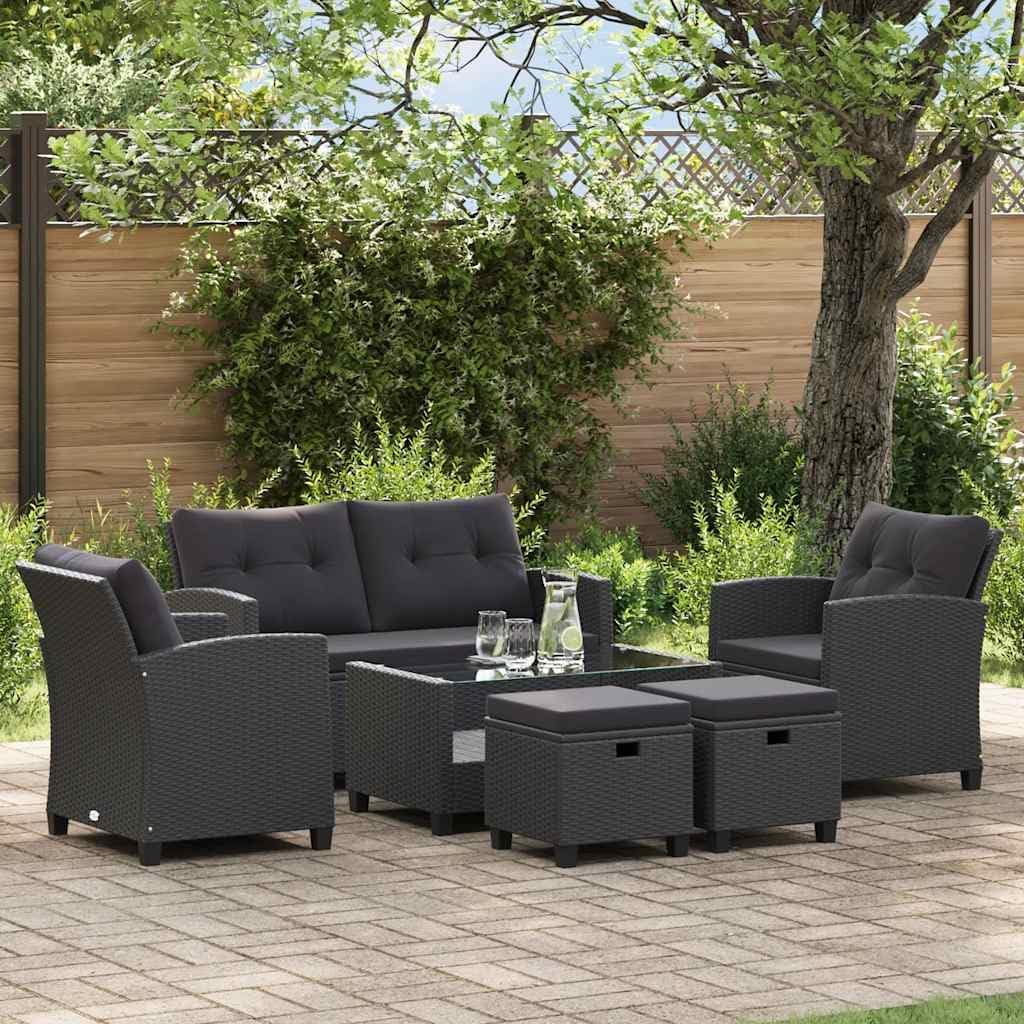vidaXL Lounge Set with Cushions 6-Piece Garden Set Furniture Set Garden Garden Furniture Set Lounge Furniture Set Lounge Furniture Lounger Furniture Poly Rattan Black - QUORE