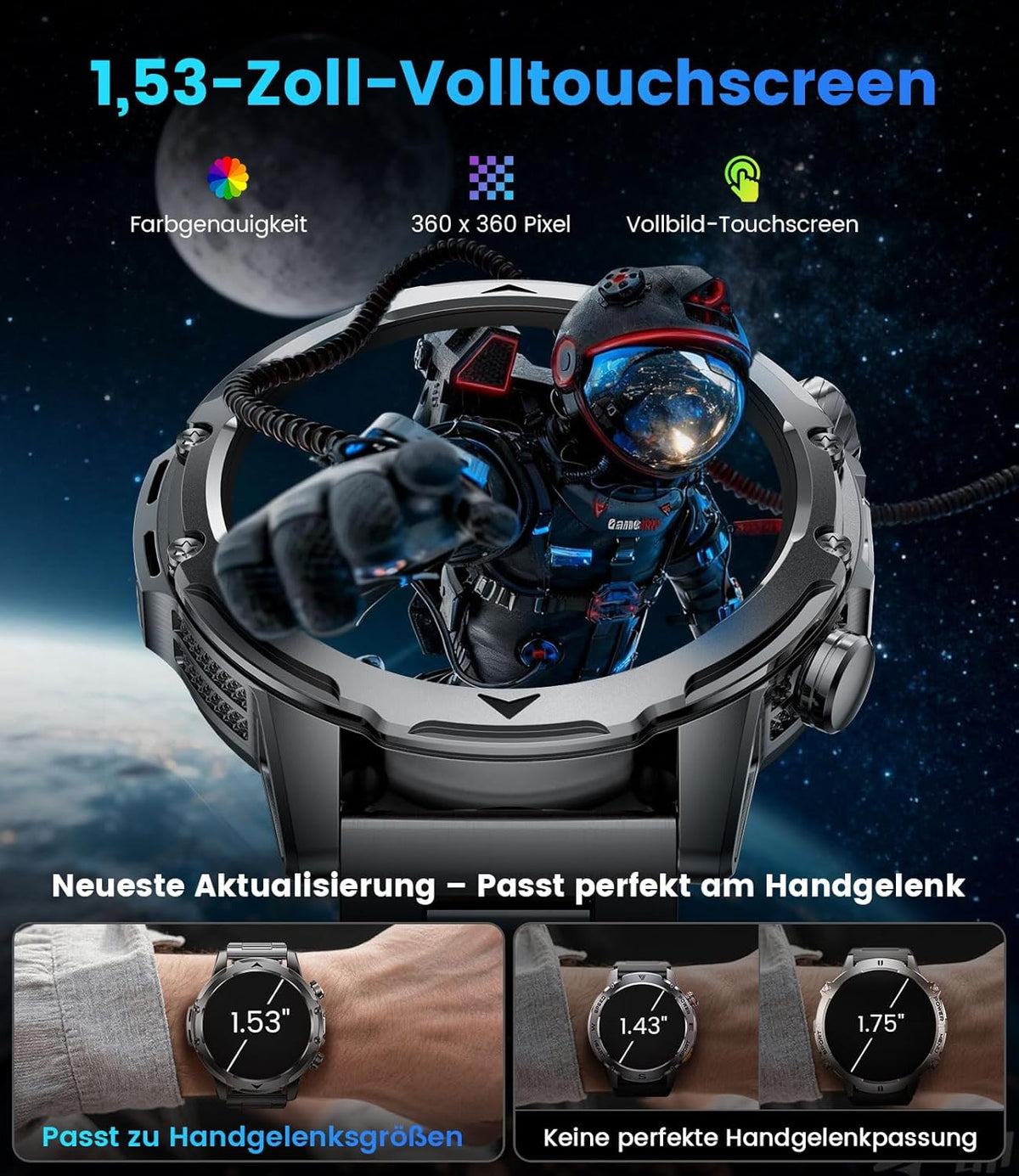 Smartwatch voor heren met 1000 mAh batterij voor Android iOS, 1,53 inch HD groot touchscreen, militaire smartwatch met 24 uur hartslag/110 sportmodi, IP68 waterdichte zaklamp, fitnesshorloge, 3