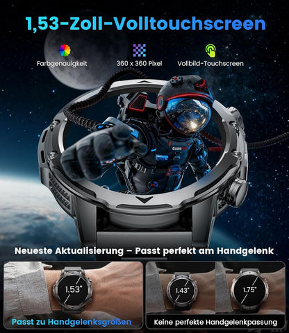 Smartwatch voor heren met 1000 mAh batterij voor Android iOS, 1,53 inch HD groot touchscreen, militaire smartwatch met 24 uur hartslag/110 sportmodi, IP68 waterdichte zaklamp, fitnesshorloge, 3