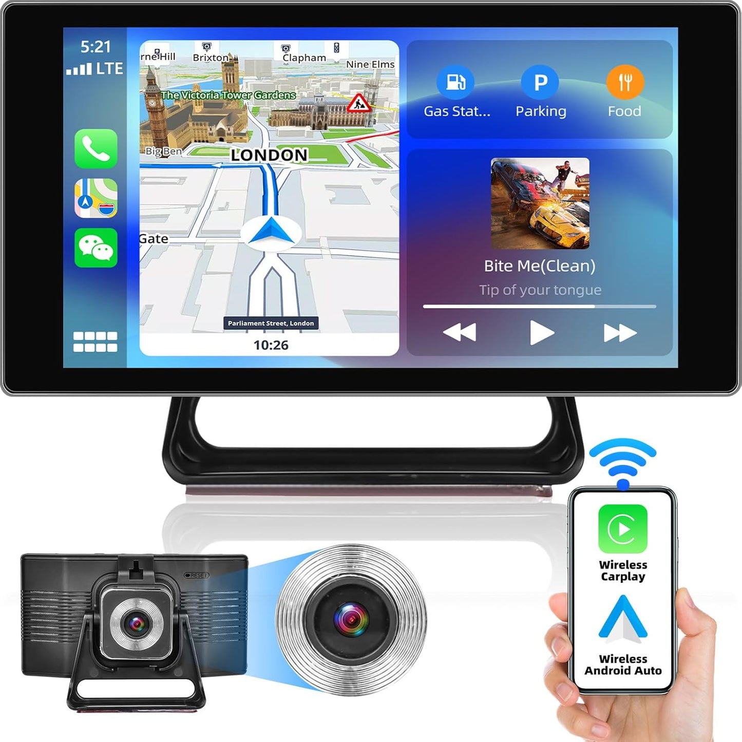 Apple CarPlay & Android Auto draagbare autoradio draadloze digitale media-ontvanger, navigatieapparaat voor auto met 4K Bluetooth-frontcamera/FM-zender/spraakbesturing/Google/GPS/AUX