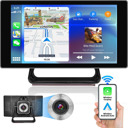 Apple CarPlay & Android Auto draagbare autoradio draadloze digitale media-ontvanger, navigatieapparaat voor auto met 4K Bluetooth-frontcamera/FM-zender/spraakbesturing/Google/GPS/AUX