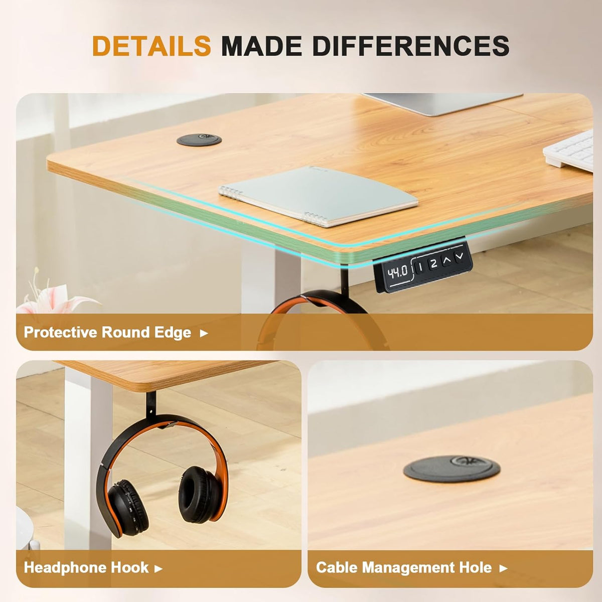 COMHOMA Electric Sitting Table 140 x 60 cm Height Adjustable Table Memory Function 2 Heights Office Bedroom Wood