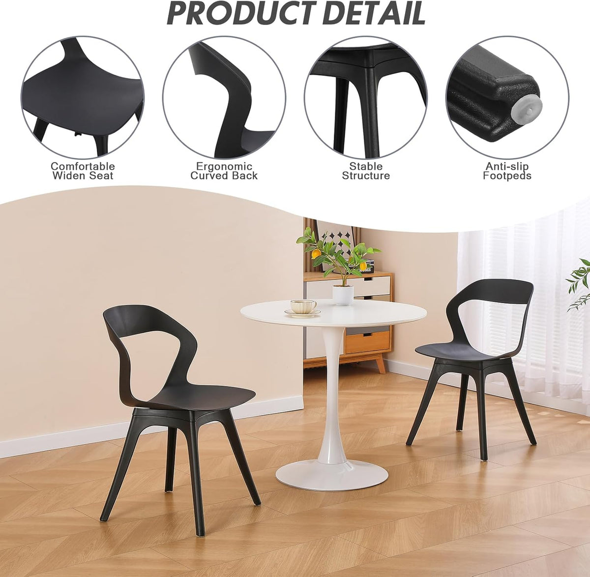 Plastic Eetkamerstoelen - Set van 4 Moderne Buitenkeukenstoelen voor Patio/Woonkamer - Zware Eetkamerstoel met Holle Rug - Mid Century Zijstoel voor Buiten, Bistro, Café - Zwart