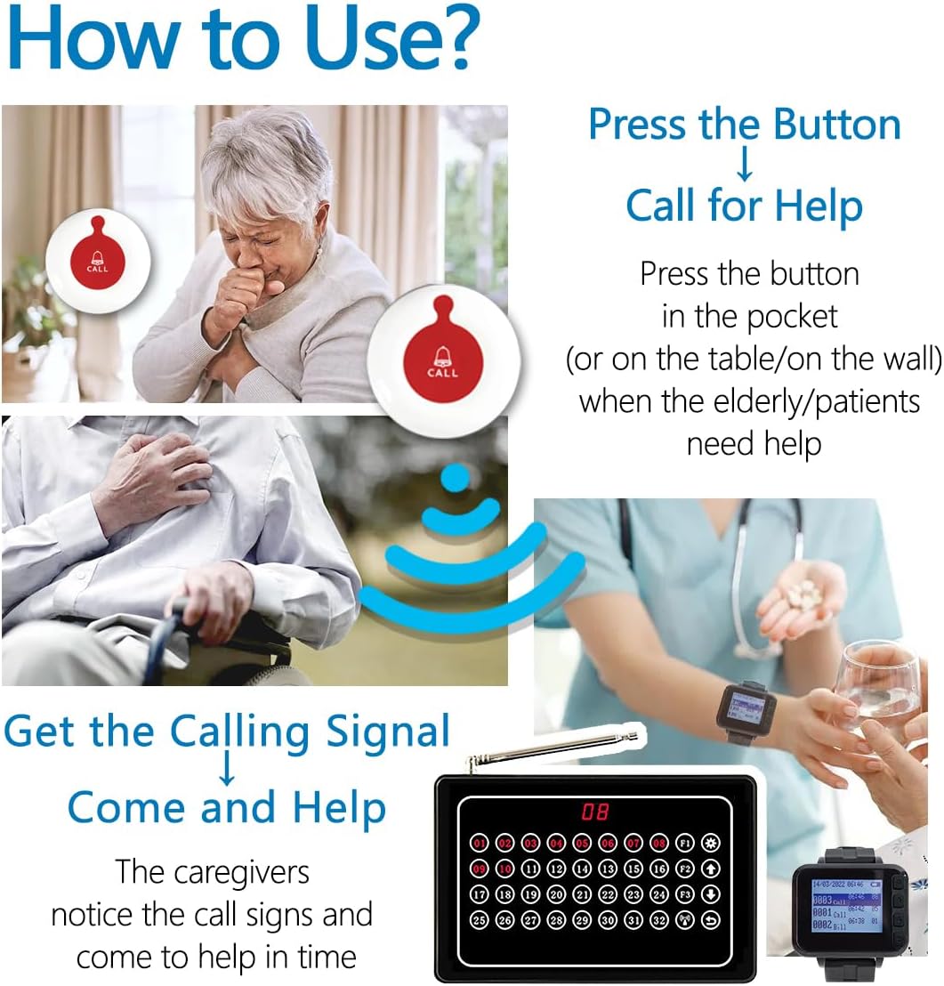 Caregiver Pager Wireless Caregiver Call Button-Wireless Calling System for Restaurant Hospital Clinic Nursing Home10 Portable Transmitters 1 Plugin Receivers 2 Watch Receiver - QUORE