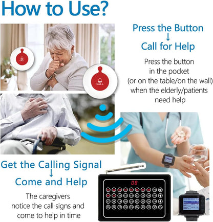 Caregiver Pager Wireless Caregiver Call Button-Wireless Calling System for Restaurant Hospital Clinic Nursing Home10 Portable Transmitters 1 Plugin Receivers 2 Watch Receiver - QUORE