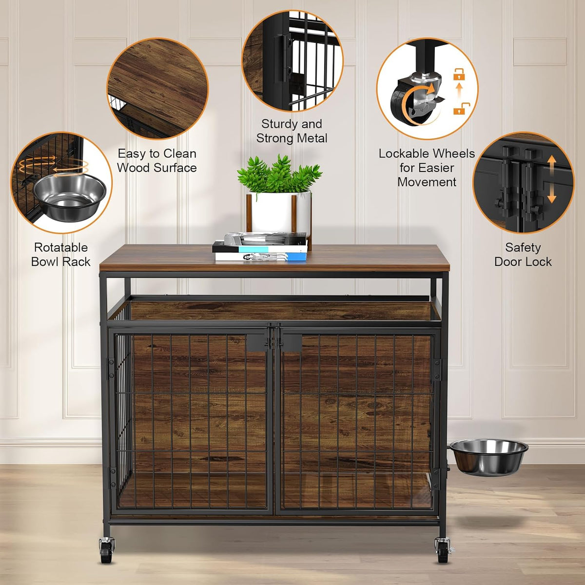 Hondenkooi met wielen, robuuste bijzettafel van hout, hondenbox voor binnen voor kleine, middelgrote honden, dubbele deuren en 360 graden draaibare roestvrijstalen bak, 78,9 cm l x 54,8 x 69,8 H