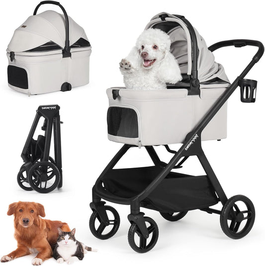 Beberoad Pets X-5 Huisdierbuggy voor middelgrote honden onder 25 kg of 2 kleine honden en katten, inklapbaar en met draagtas, afneembare grijze kap en bekerhouder (grijs, X5)