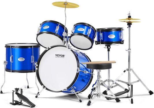 VEVOR 5-delige 40,6 cm Beginner Volledige Set met Bass Toms Snare Floor Verstelbare Troon Bekken Hi-Hat Pedaal en Twee Paar Drumsticks, Starter Drumkit voor Kind Kinderen, Blauw (SH-002-BL)