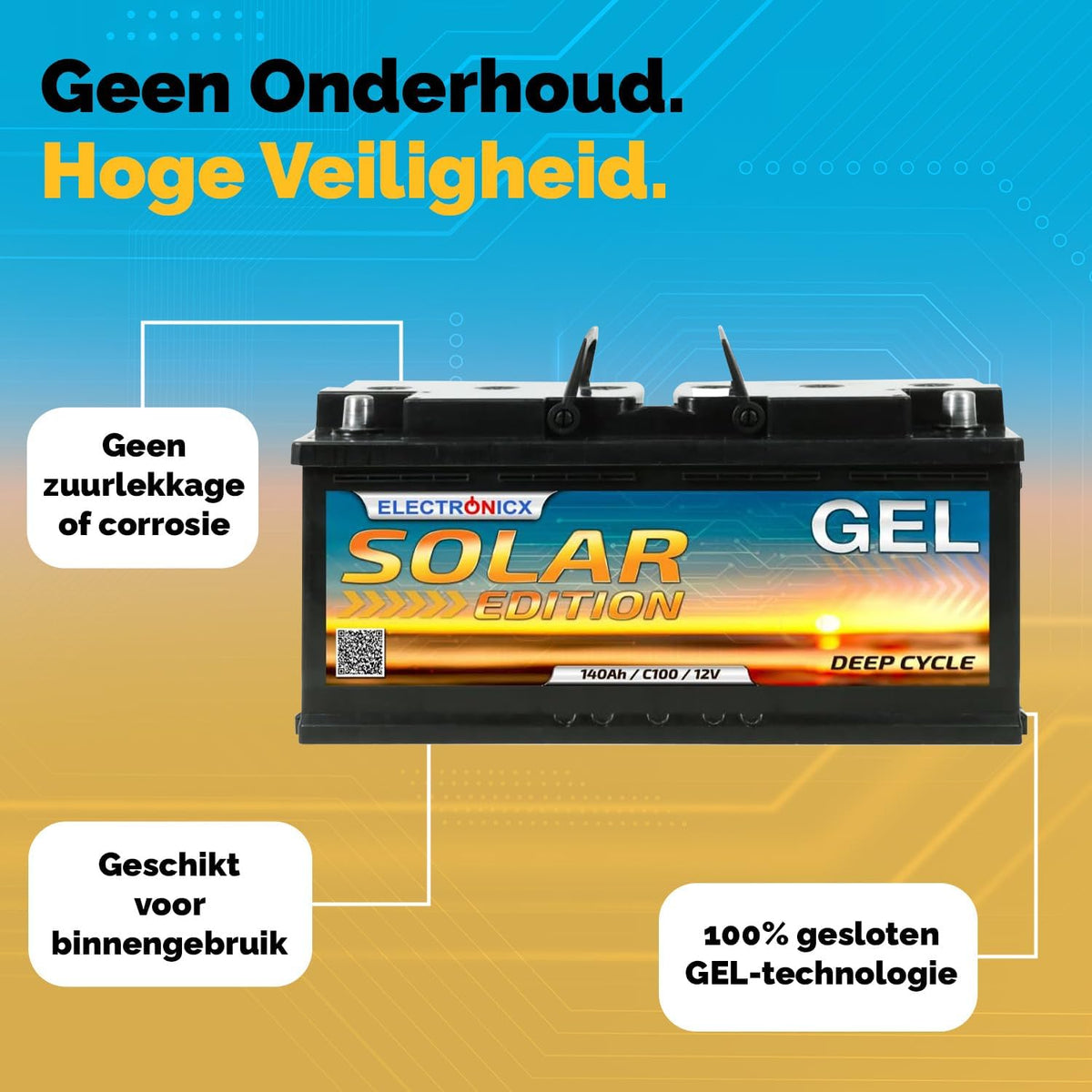 Electronicx GEL Solar Edition 12V 140Ah Deep Cycle accu – onderhoudsvrij en lekvrij – voor camper, zonnepanelen, offgrid en zonne-energie – afm. 393×175×190 mm – compact ontwerp