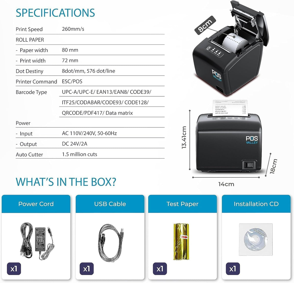 80 mm thermische bonprinter – Bonprinter – Kassaprinter – POS-printer – Thermodirectprinter – USB en Bluetooth – Automatische snijder tot 260 mm/sec