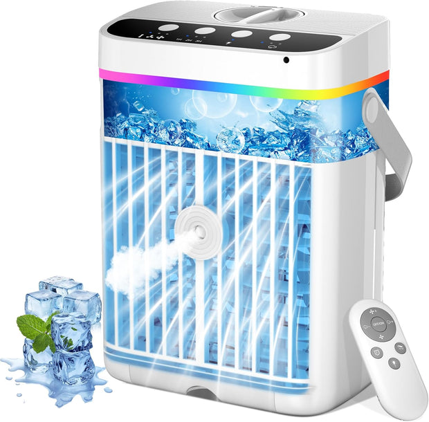 4-in-1 Mobiele Airco - Draagbare Airconditioning - Mini-Airconditioning - 1250 ml - met Timer van 1-3 uur - 3 Snelheden - 3 Nevelmodi - 7-Kleuren-LED - 10W - 5V - 13 x 20 x 27 cm - Wit