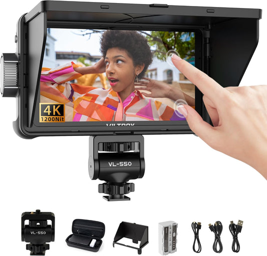 VILTROX DC-550 Touchscreen camera Field Monitor 5,5 inch 1200 Nits DSLR Camera Monitor 4K HDMI ingang/uitgang Full HD 1920x1080 IPS 3D-Lut Video Peaking Focus Assist met accu en zonnekap