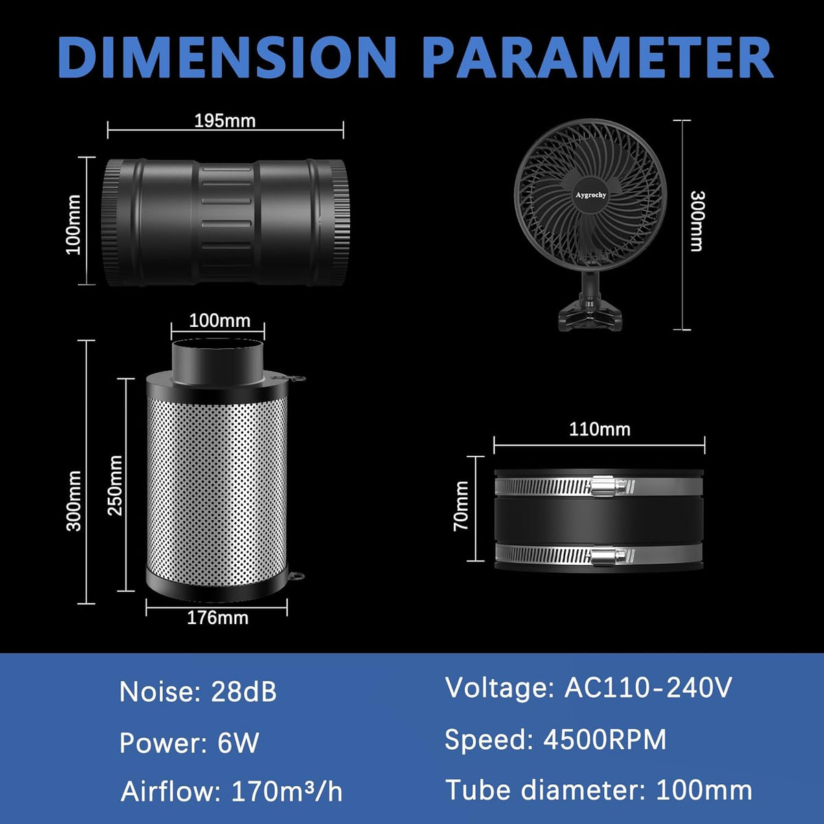 Ventilatieset 100 Mm – Inline Buisventilator – Afzuigventilator – Actiefkoolfilter – Afvoerslang – 170 M³/U – Regelbare Snelheid 0-100%